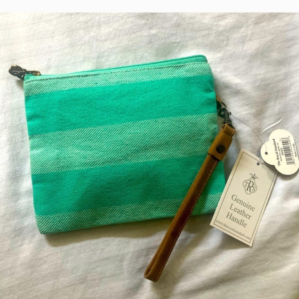 Green Striped Cosmetic Bag with Leather Handle